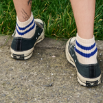 Close-up of Escuyer Women Striped Ankle Socks Off Black / Ecru — refined stripe detail at the cuff