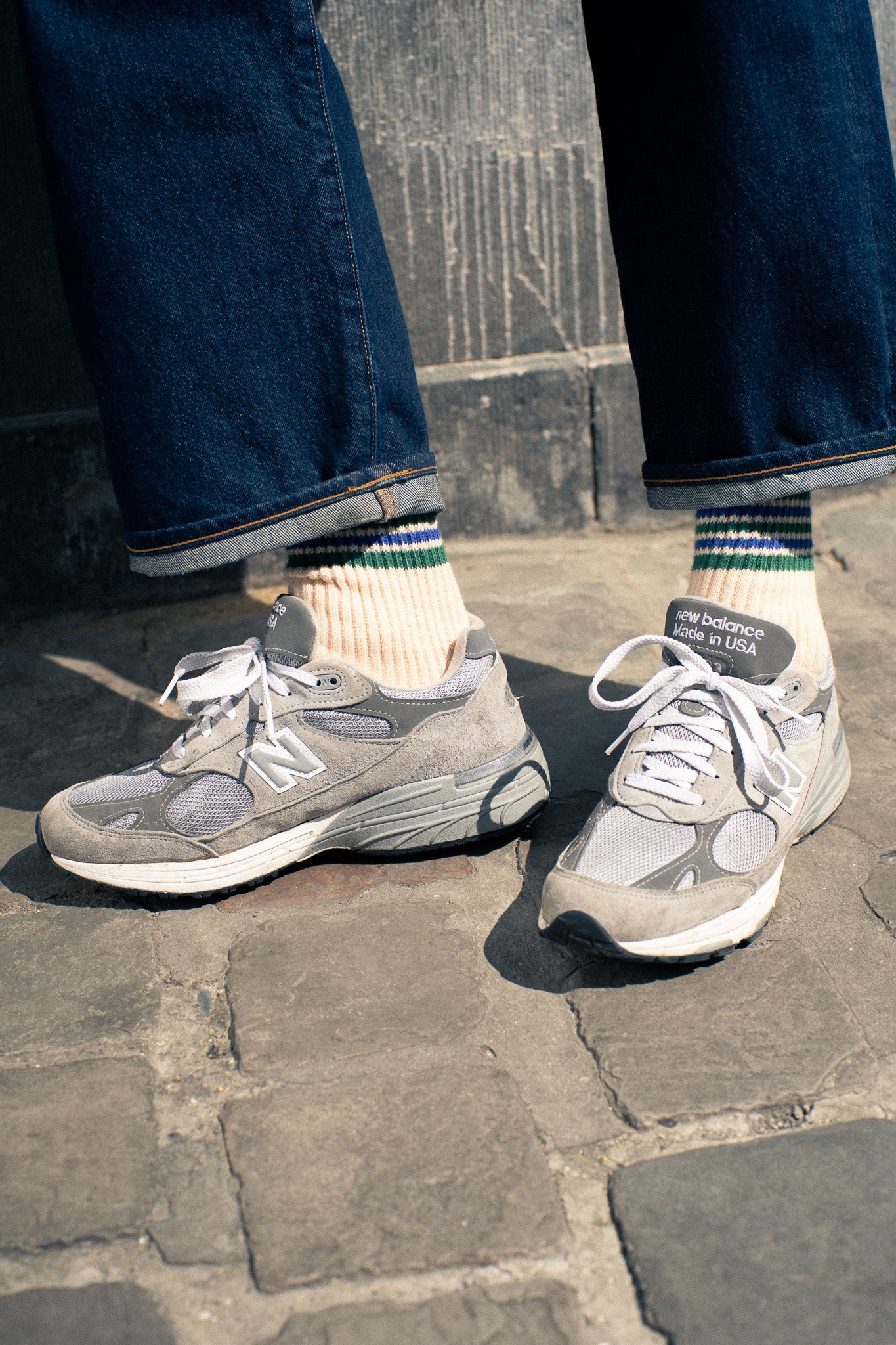Escuyer Men's striped socks worn with New Balance 990 sneakers — 5 Stripes collection, made in Portugal