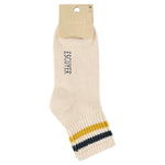 Close-up of Escuyer Women Striped Ankle Socks Ecru / Yellow / Blue — vintage athletic stripe at the cuff