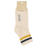 Close-up of Escuyer Women Striped Ankle Socks Ecru / Yellow / Blue — vintage athletic stripe at the cuff