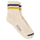 Escuyer Women Striped Ankle Socks in Ecru, Yellow and Blue — cotton blend, hand-linked toe, made in Portugal