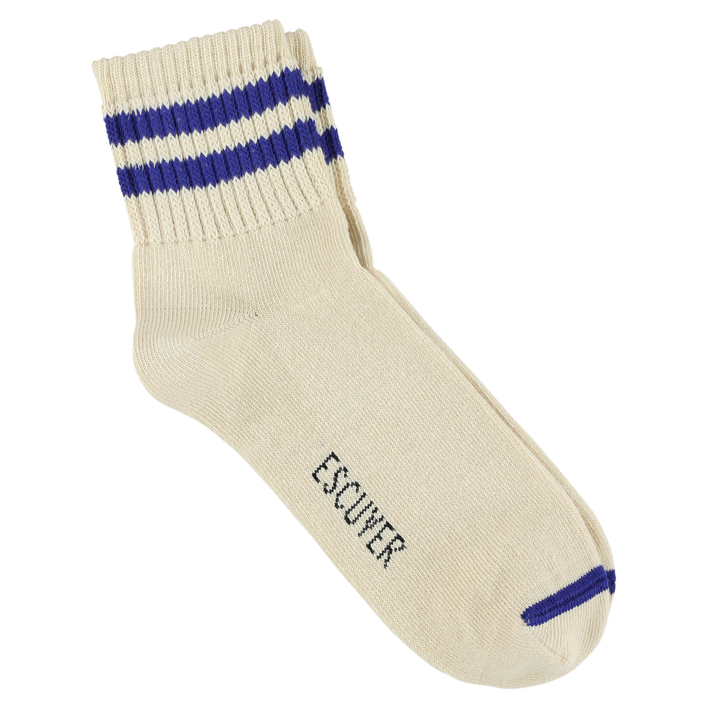 Escuyer Men Striped Ankle Socks in Ecru and Bright Blue — cotton blend, hand-linked toe, made in Portugal