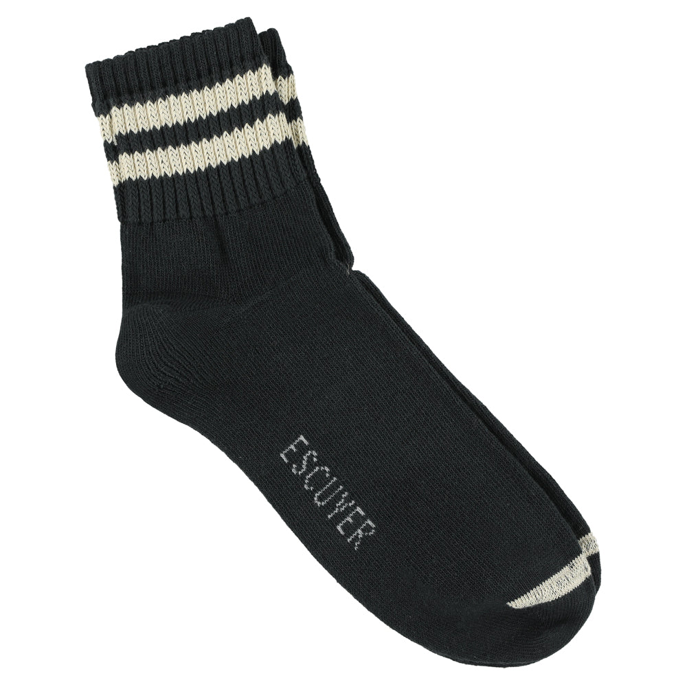 Escuyer Men Striped Ankle Socks in Off Black and Ecru — cotton blend, hand-linked toe, made in Portugal