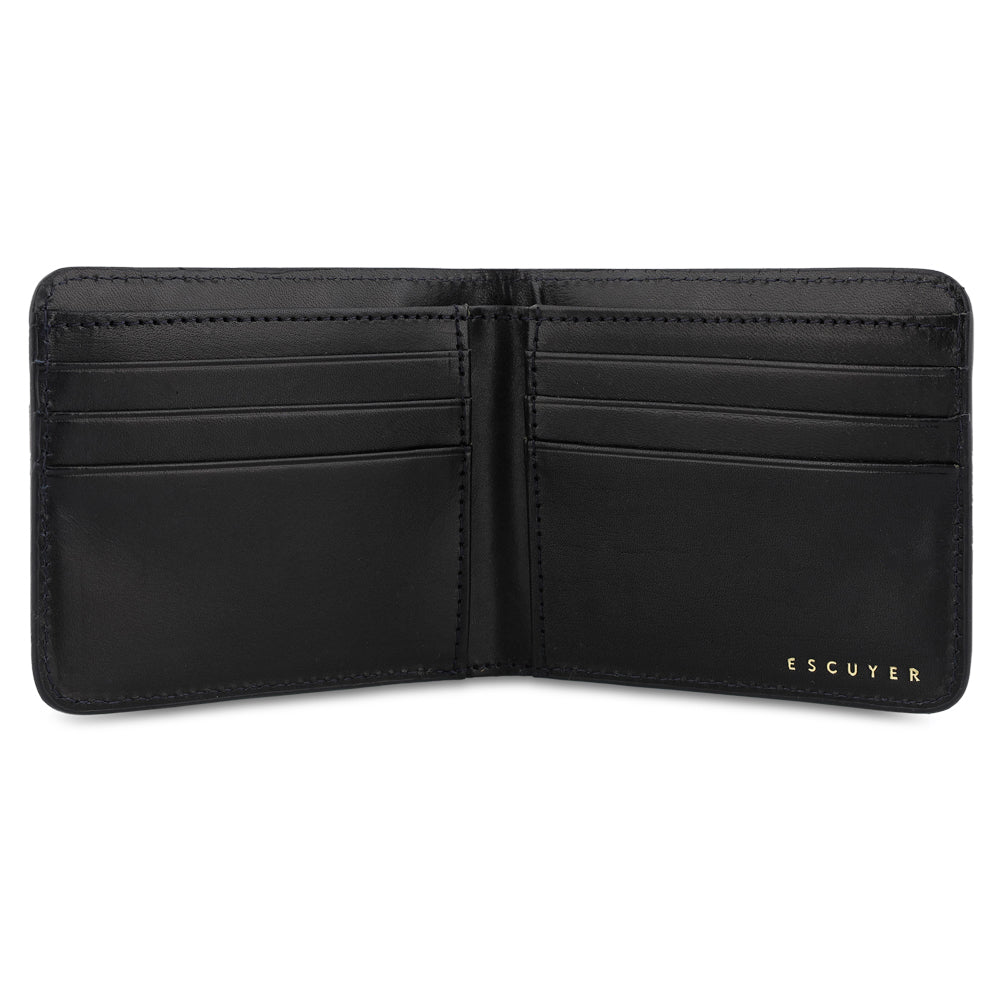 Escuyer black and blue billfold wallet open — blue leather interior with 6 card slots and 2 receipt pockets