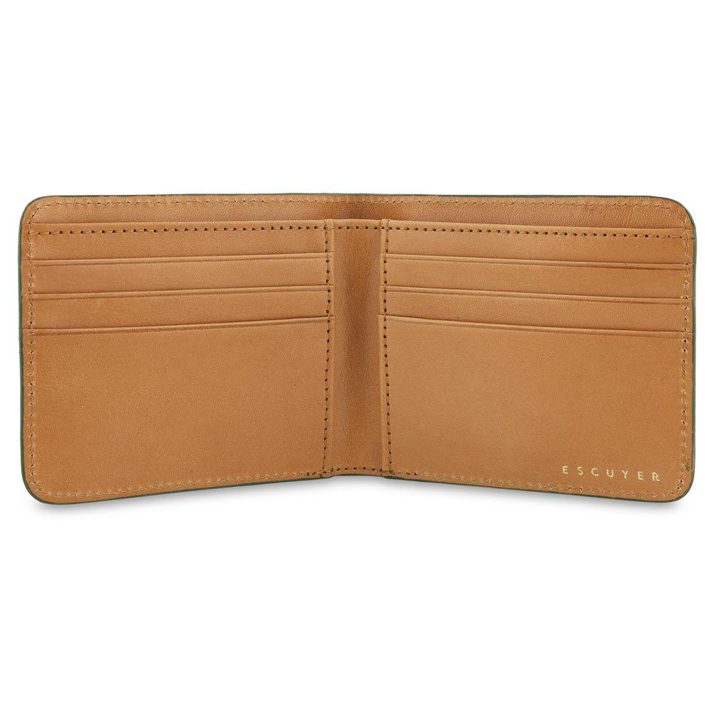 Escuyer jungle green billfold wallet open — natural leather interior with 6 card slots and 2 receipt pockets