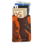 Escuyer card sleeve loaded with cards — open sleeve holds up to 8 cards and folded bills, slides in from top