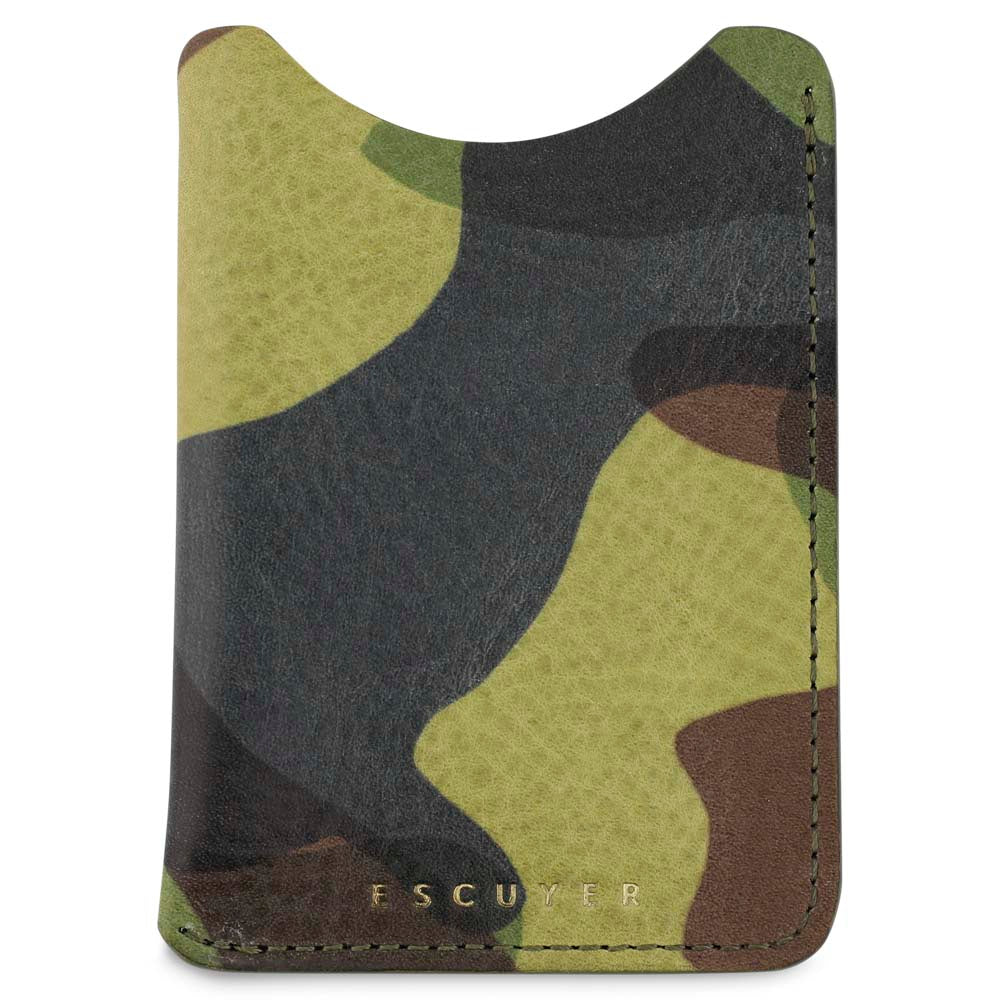 Escuyer light green camouflage card sleeve — thinnest leather wallet, hand-dyed Italian veg-tan, front view