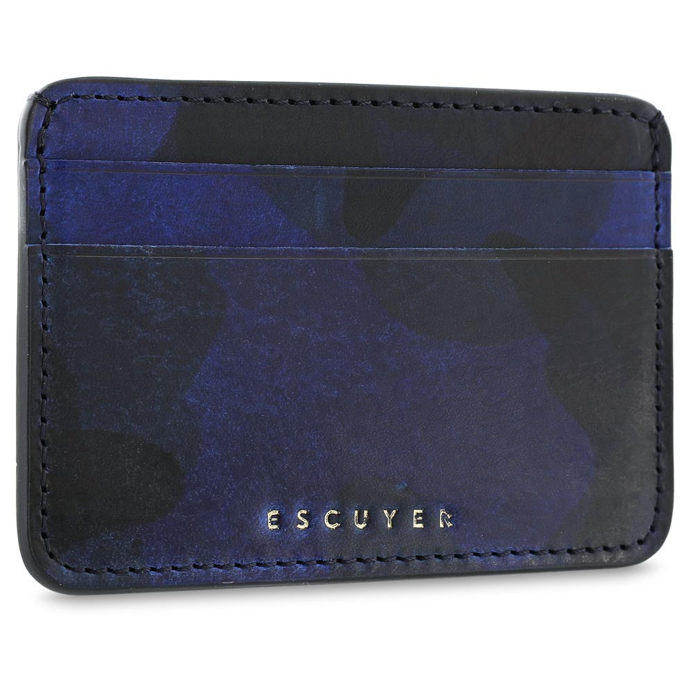 Interior view of Escuyer blue camouflage cardholder — card slots and centre compartment