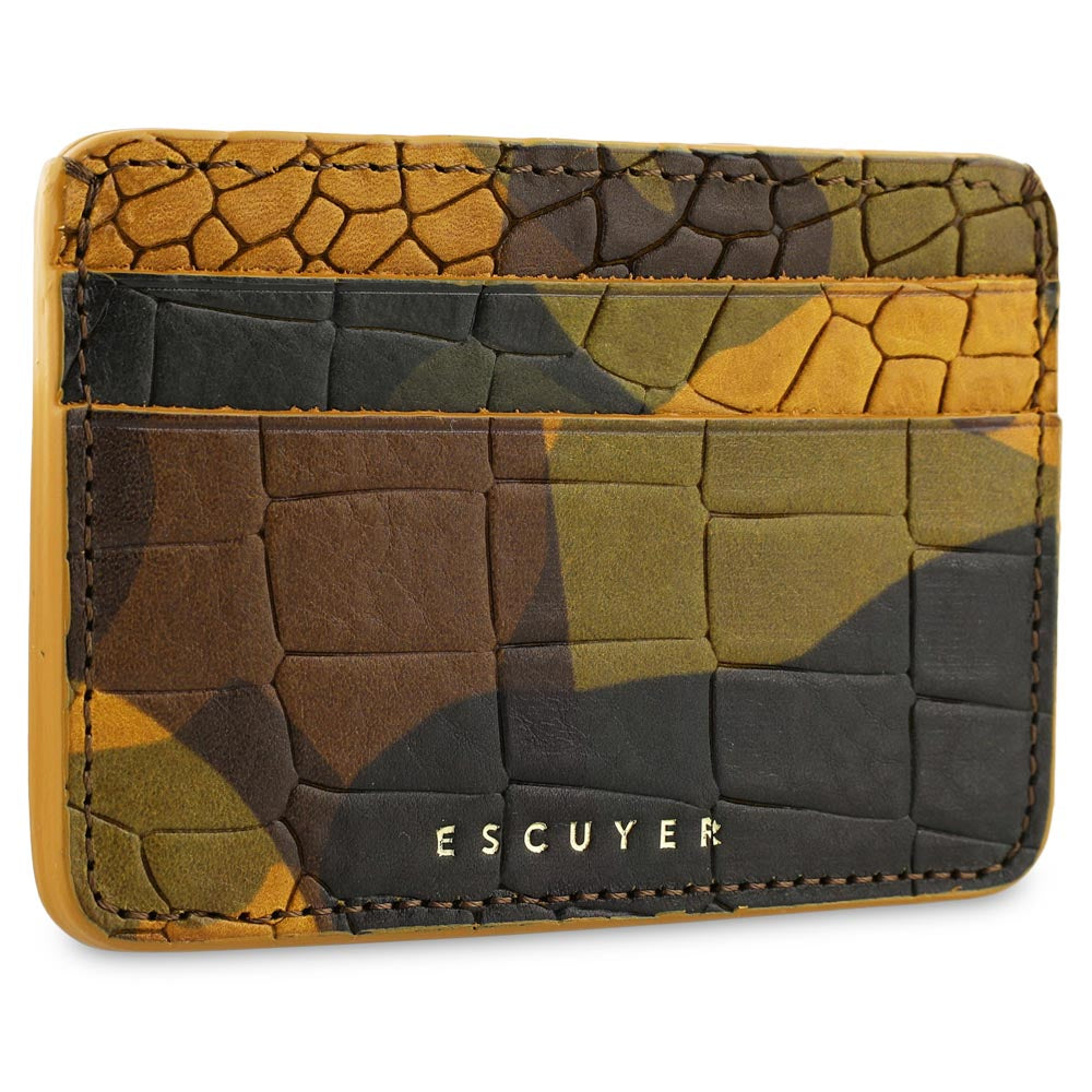 Interior view of Escuyer crocodile camouflage cardholder — card slots and centre compartment