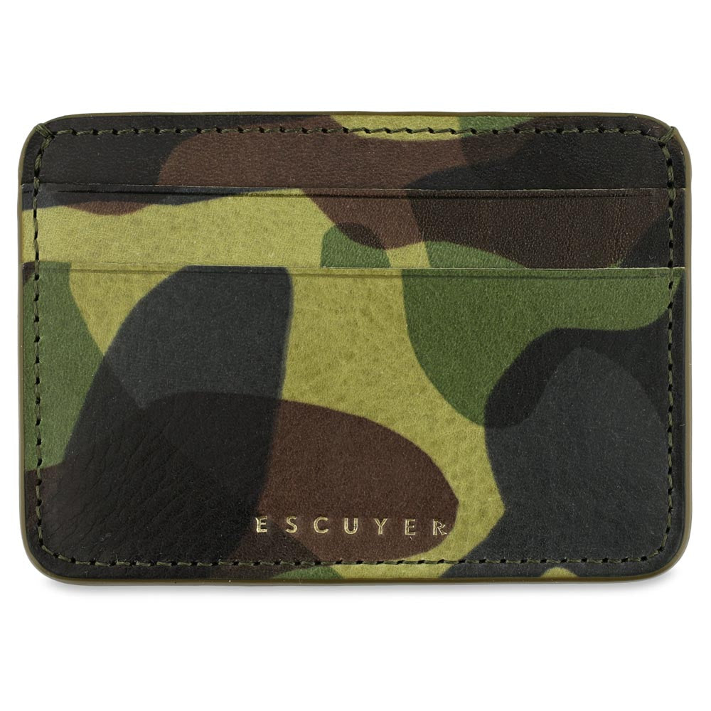 Escuyer light green camouflage leather cardholder — hand-dyed Italian veg-tan leather, front view