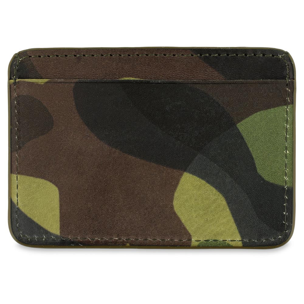 Escuyer light green camouflage cardholder showing hand painted edges and hand-dyed camo pattern