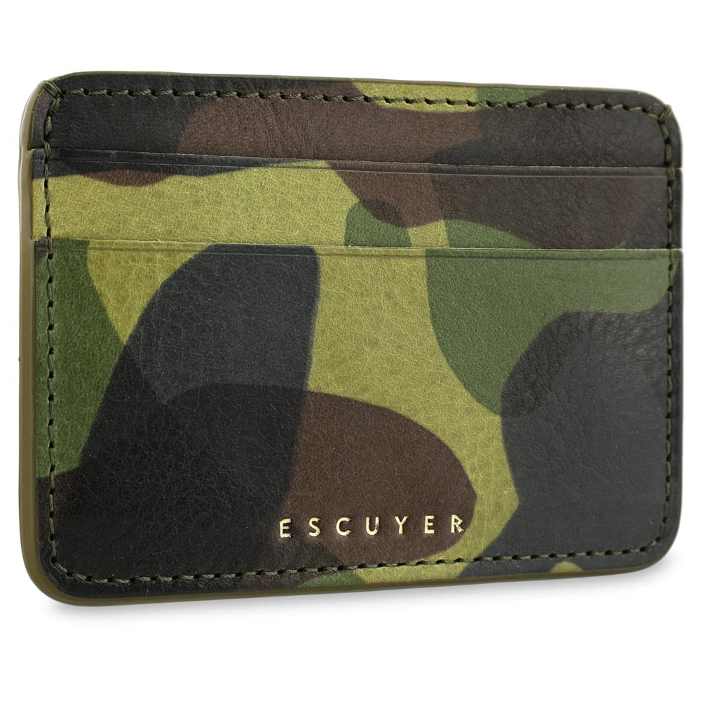 Interior view of Escuyer light green camouflage cardholder — card slots and centre compartment