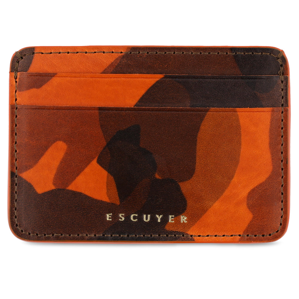 Orange, brown and black Camouflage-patterned card sleeve with 'ESCUYER' branding. Handmade in Portugal from Italian vegetable tanned leather.