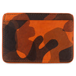 Escuyer orange camouflage cardholder showing hand painted edges and hand-dyed camo pattern