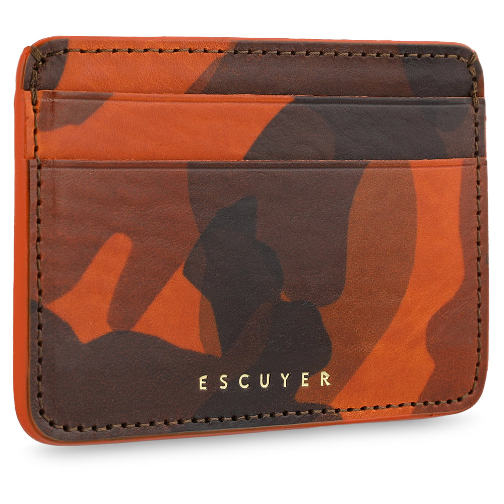 Interior view of Escuyer orange camouflage cardholder — card slots and centre compartment
