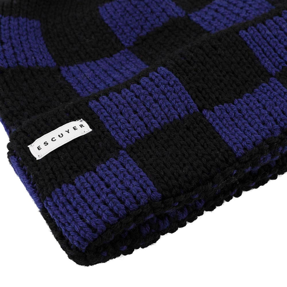 Warm Checkered Merino Wool Beanie Black / Blue