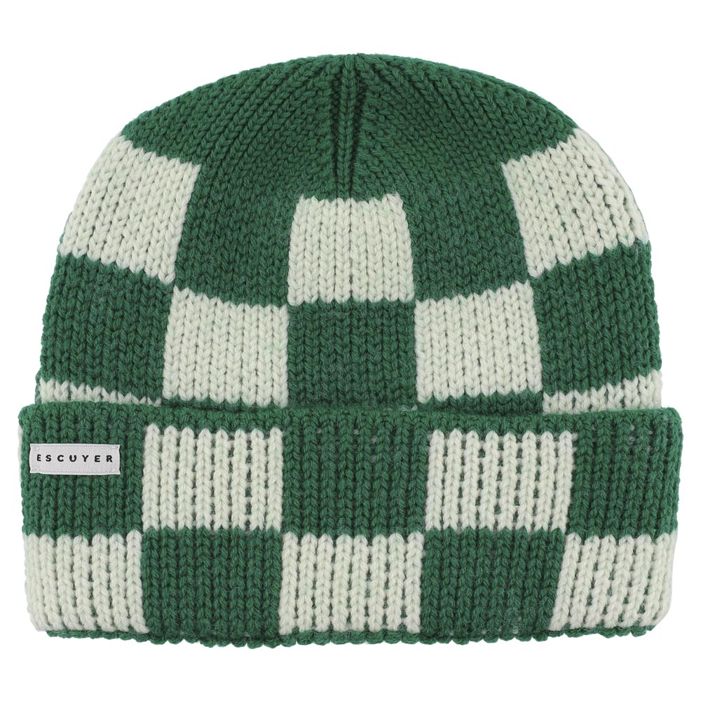 Green and white checkered knit beanie with 'Escuyer' label on a white background
