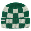 Green and white checkered knit beanie with 'Escuyer' label on a white background