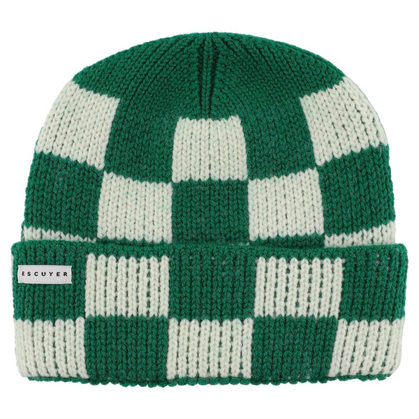 Green and white checkered knit beanie with 'Escuyer' label on a white background