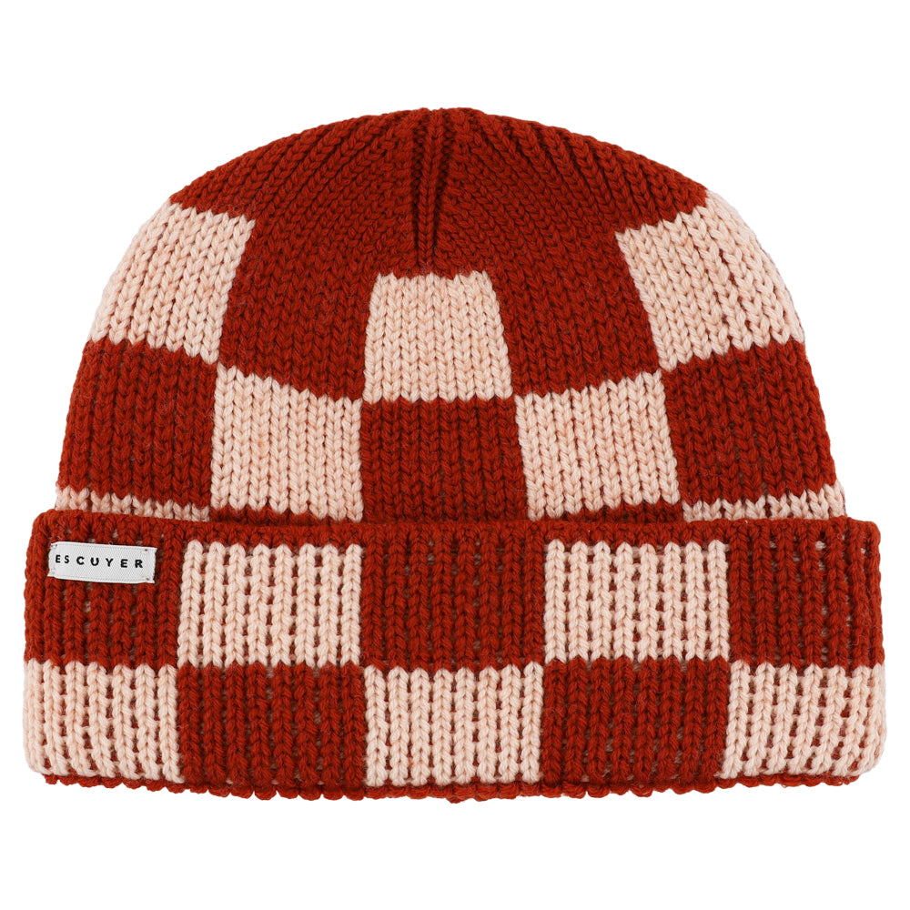 Red and pink checkered merino wool beanie by Escuyer