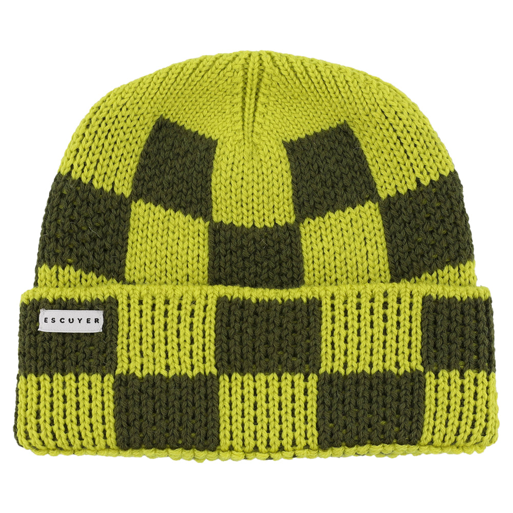 Yellow and khaki checkered merino wool beanie by Escuyer