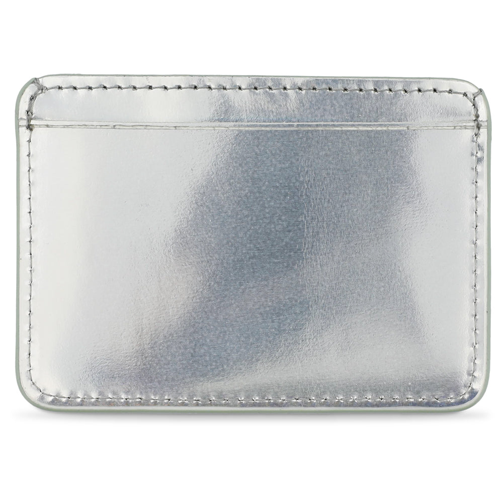 Escuyer argent métallisé iridescent cardholder showing shifting silver tones on vegetable tanned leather