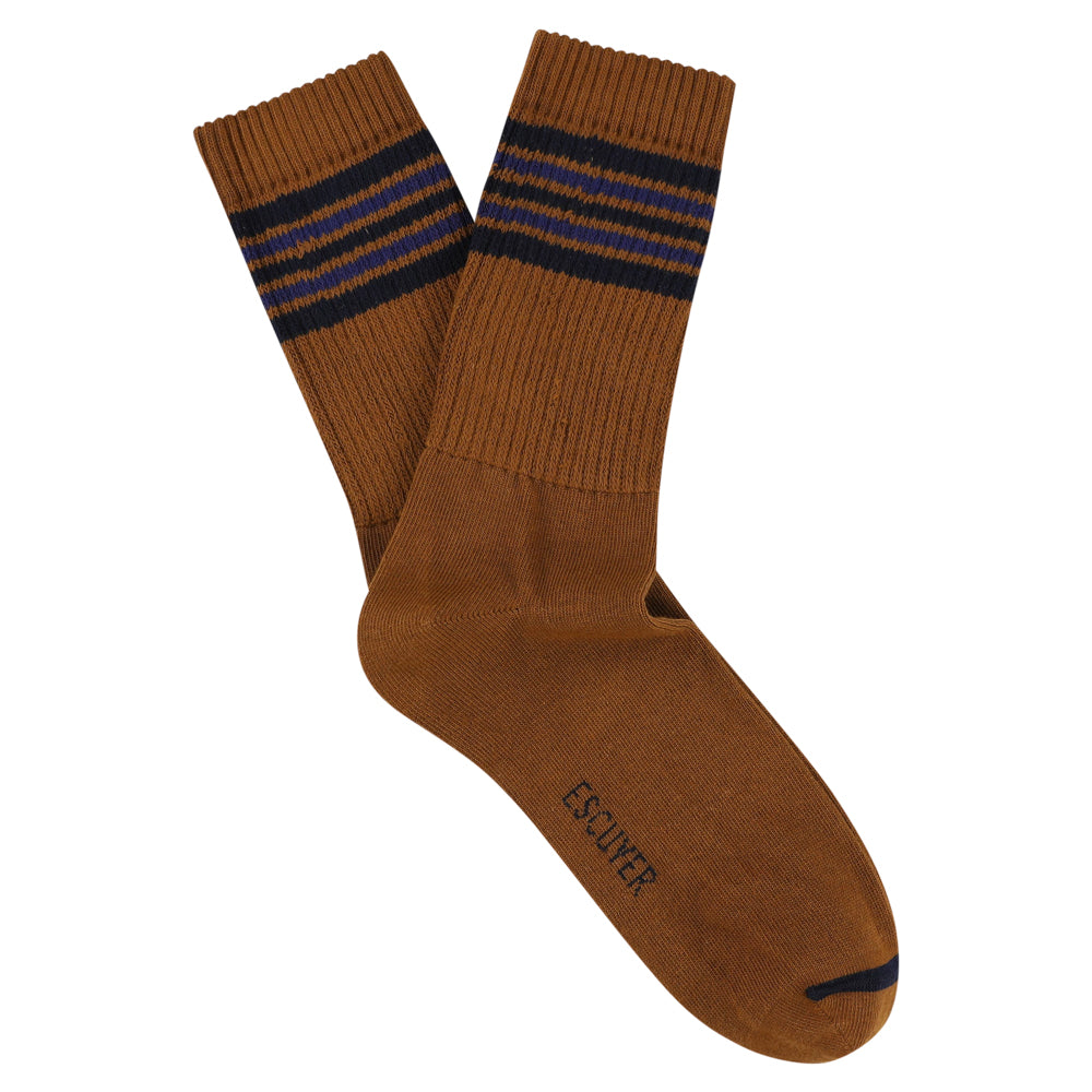 Escuyer Men's 5 Stripes Socks in brown, blue and navy — vintage athletics design, knitted on vintage machines in Portugal