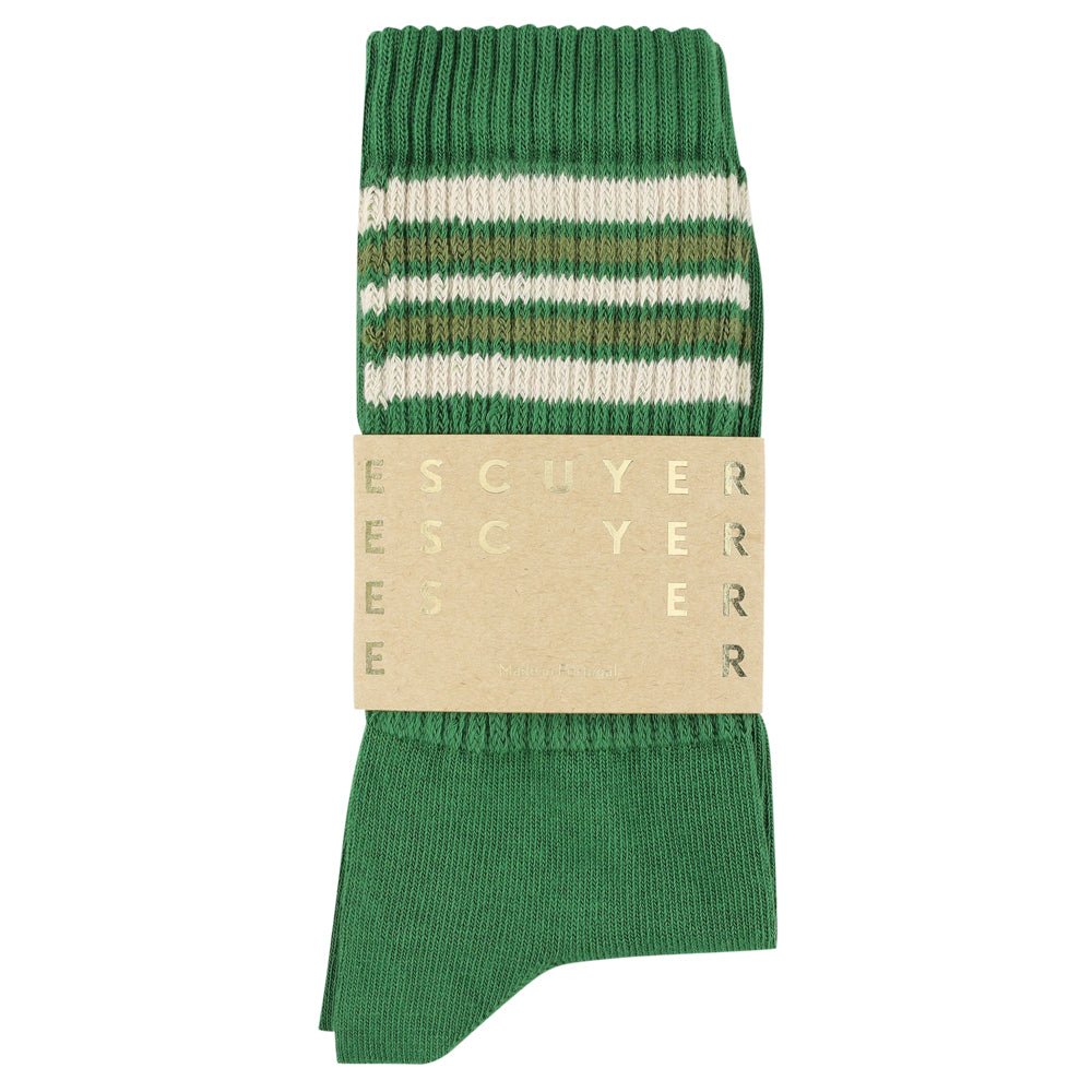 Escuyer Men's 5 Stripes Socks green ecru khaki — hand-linked toe, soft Italian cotton yarn, made in Portugal