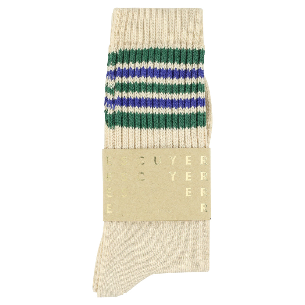 Escuyer Men's 5 Stripes Socks ecru green blue — hand-linked toe, soft Italian cotton yarn, made in Portugal