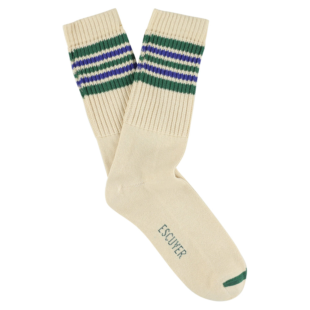 Escuyer Men's 5 Stripes Socks in ecru, green and blue — vintage athletics design, knitted on vintage machines in Portugal