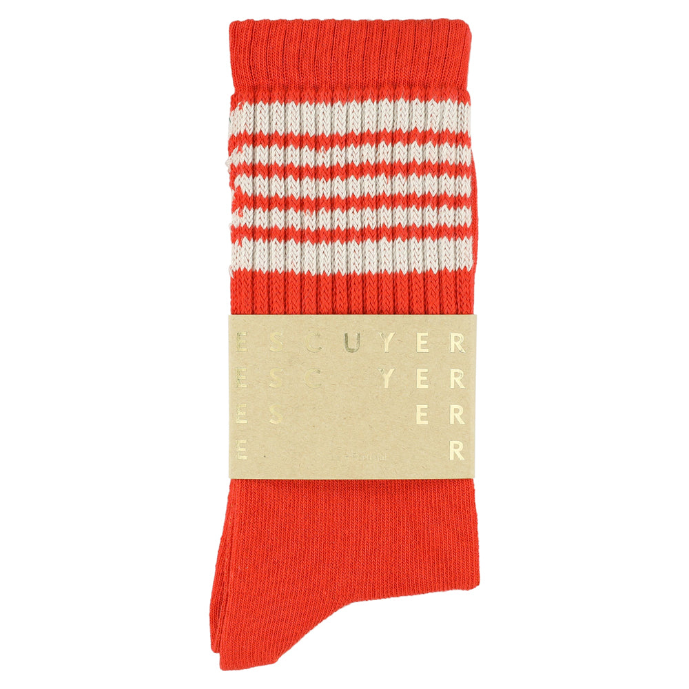 Escuyer Men's 5 Stripes Socks orange ecru — hand-linked toe, soft Italian cotton yarn, made in Portugal