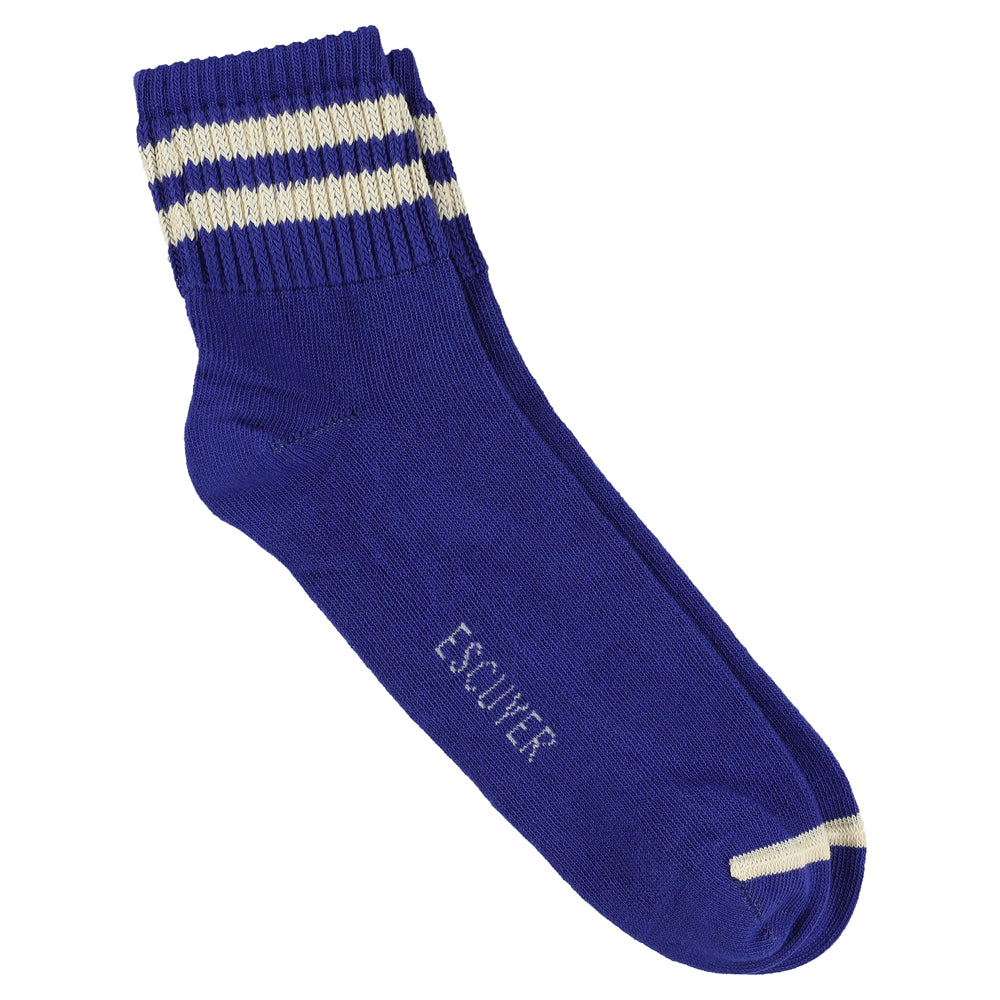 Escuyer Men Striped Ankle Socks in Bright Blue and Ecru — cotton blend, hand-linked toe, made in Portugal