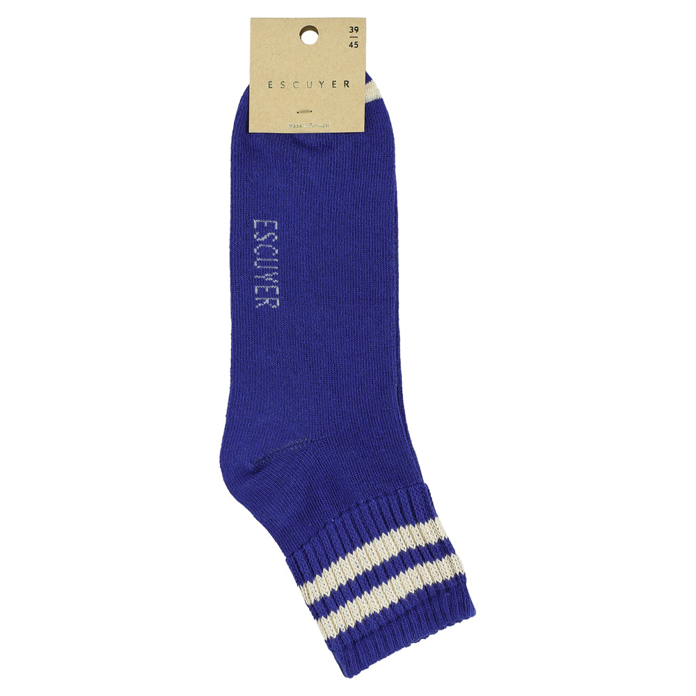 Close-up of Escuyer Men Striped Ankle Socks Bright Blue / Ecru — vivid stripe detail at the cuff