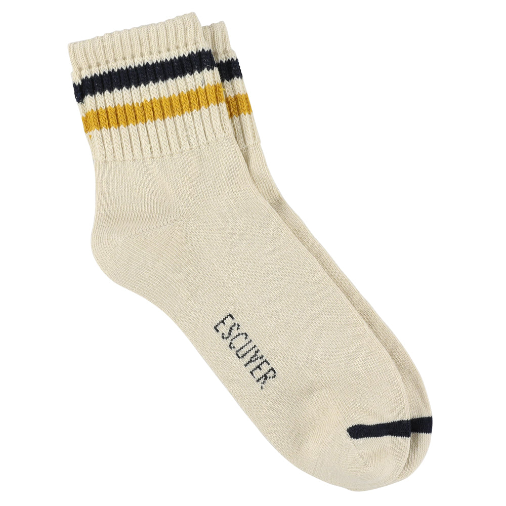 Escuyer Men Striped Ankle Socks in Ecru, Yellow and Blue — cotton blend, hand-linked toe, made in Portugal