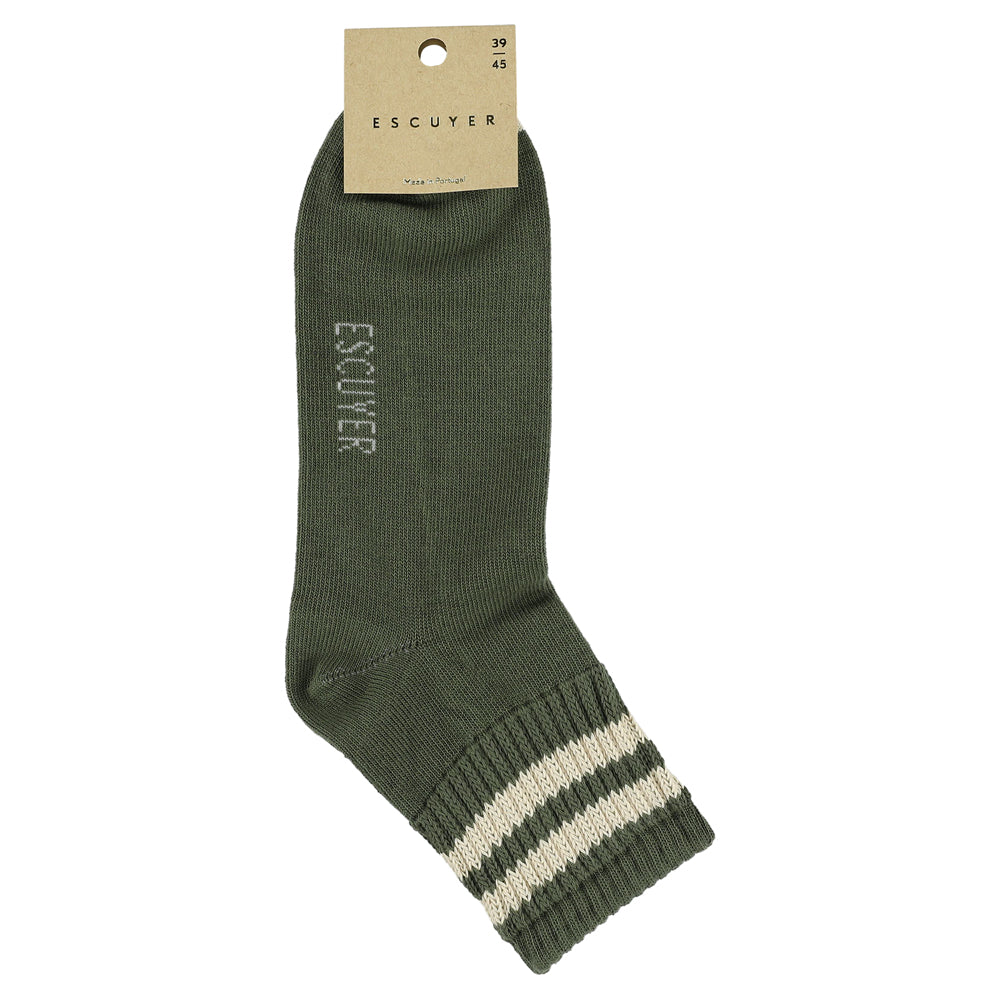 Close-up of Escuyer Men Striped Ankle Socks Khaki / Ecru — earthy stripe detail at the cuff