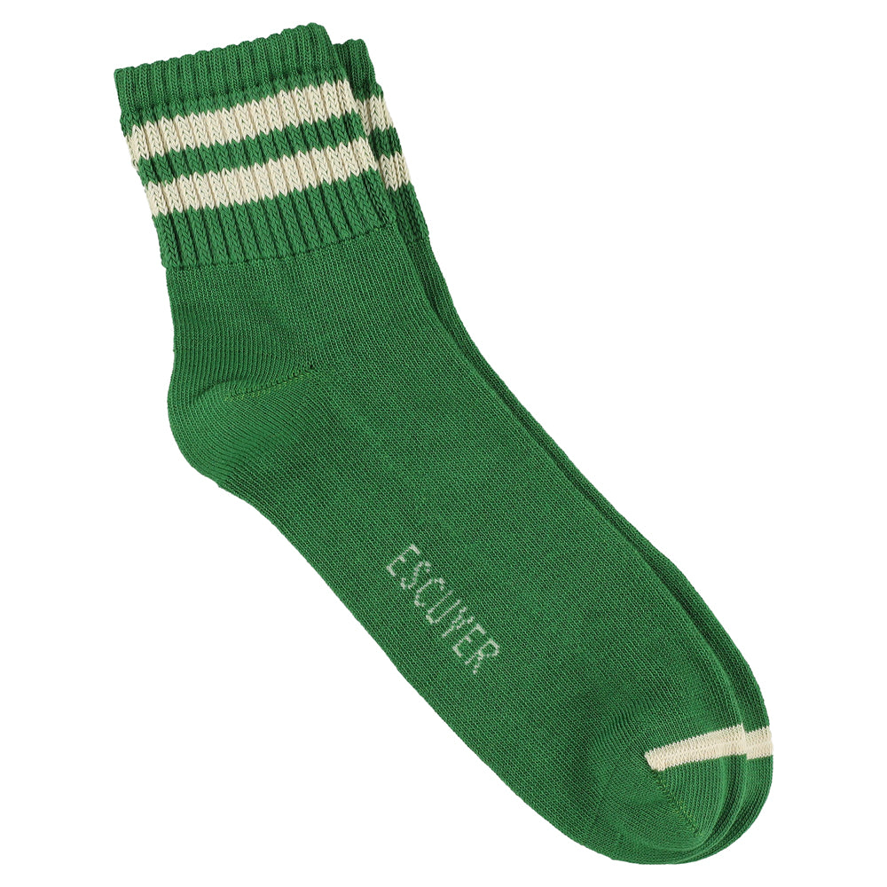 Escuyer Men Striped Ankle Socks in Green and Ecru — cotton blend, hand-linked toe, made in Portugal