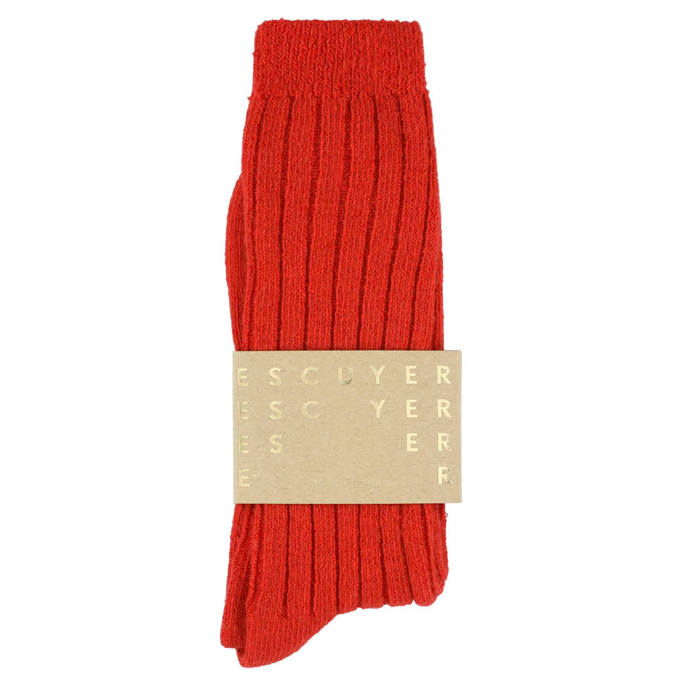 Close-up of Escuyer Orange Red cashmere crew socks showing soft knit texture — 10% cashmere, 38% virgin wool, GRS certified recycled polyamide