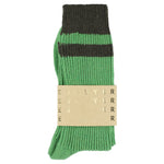 Close-up of Escuyer Golf Green / Military striped cashmere socks — 10% cashmere, 38% virgin wool, GRS certified recycled polyamide
