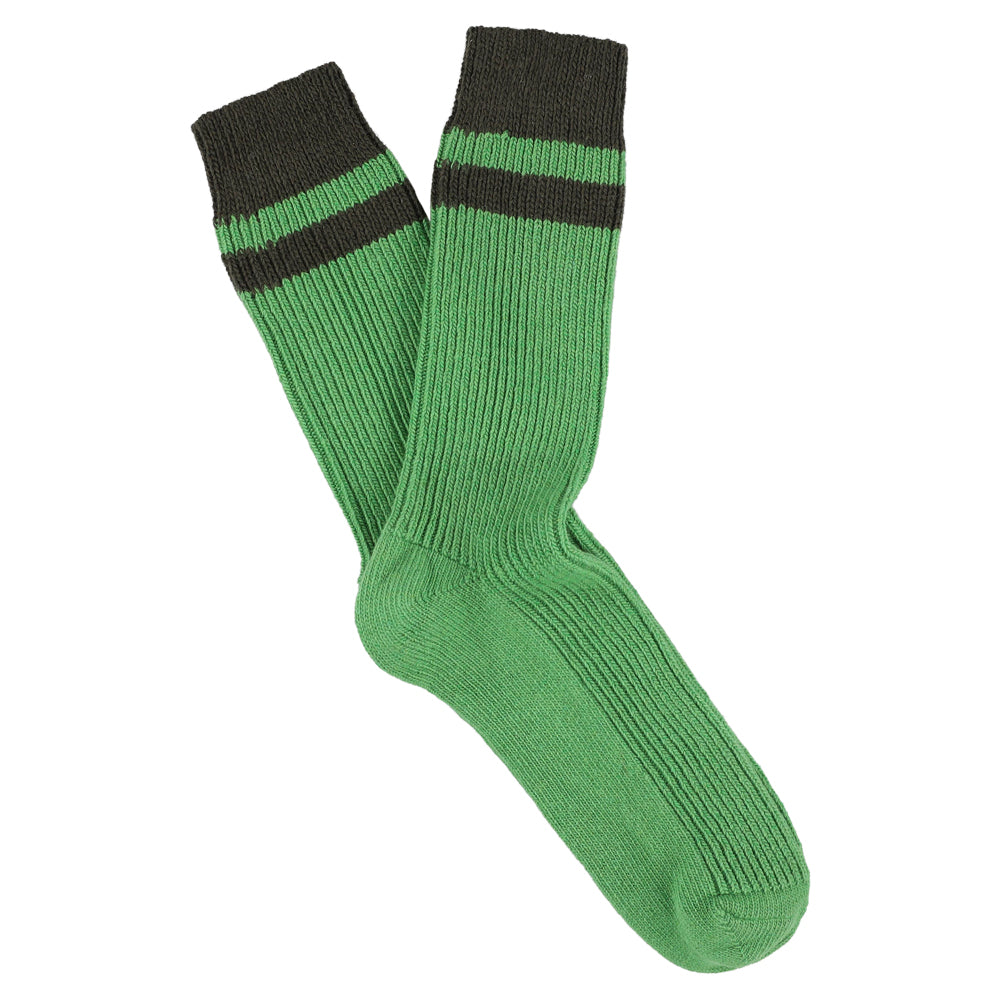 Escuyer men's striped cashmere socks in Golf Green and Military — mid-calf crew cut, premium cashmere and virgin wool blend, handmade in Portugal