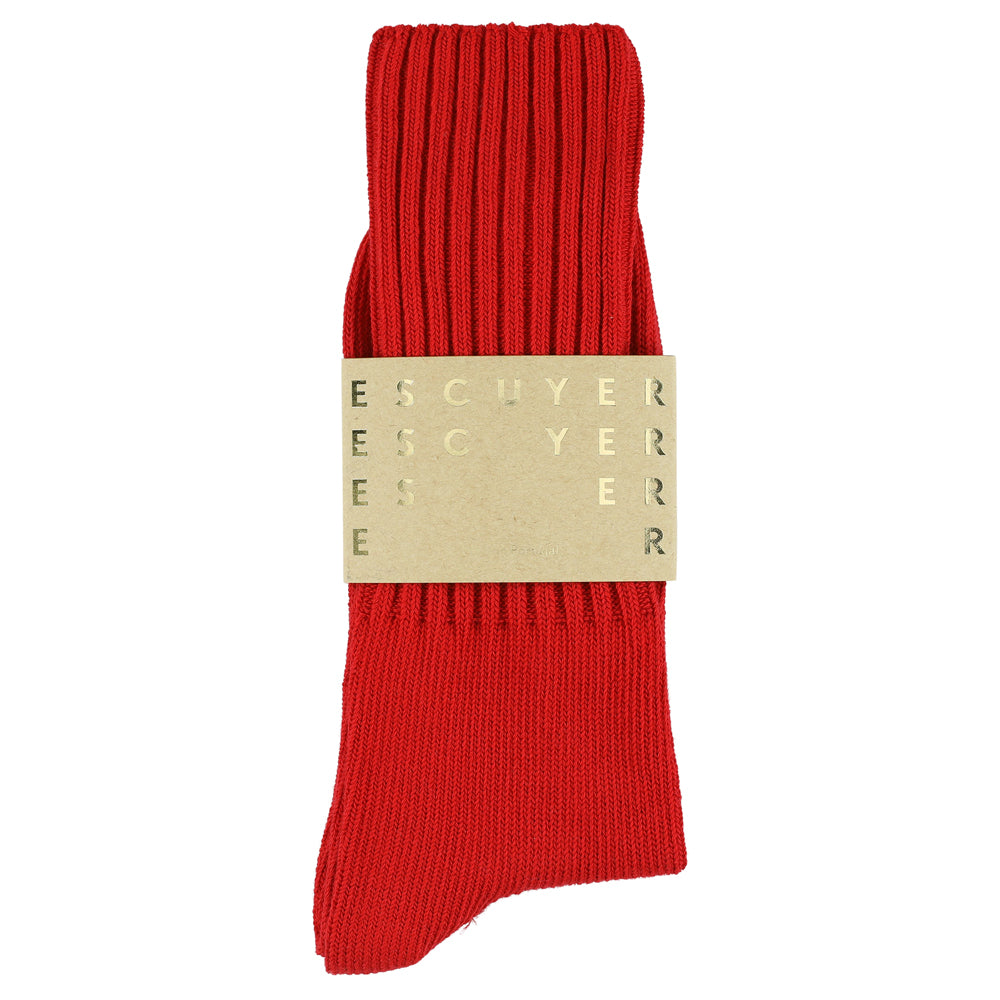 Men's ribbed crew socks in bright red, slub cotton, made in Portugal by Escuyer