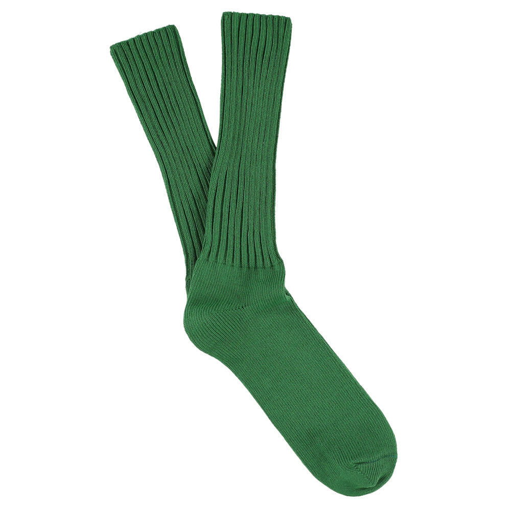 Men's ribbed crew socks in green, slub cotton, made in Portugal by Escuyer