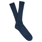 Men's ribbed crew socks in majolica blue, slub cotton, made in Portugal by Escuyer