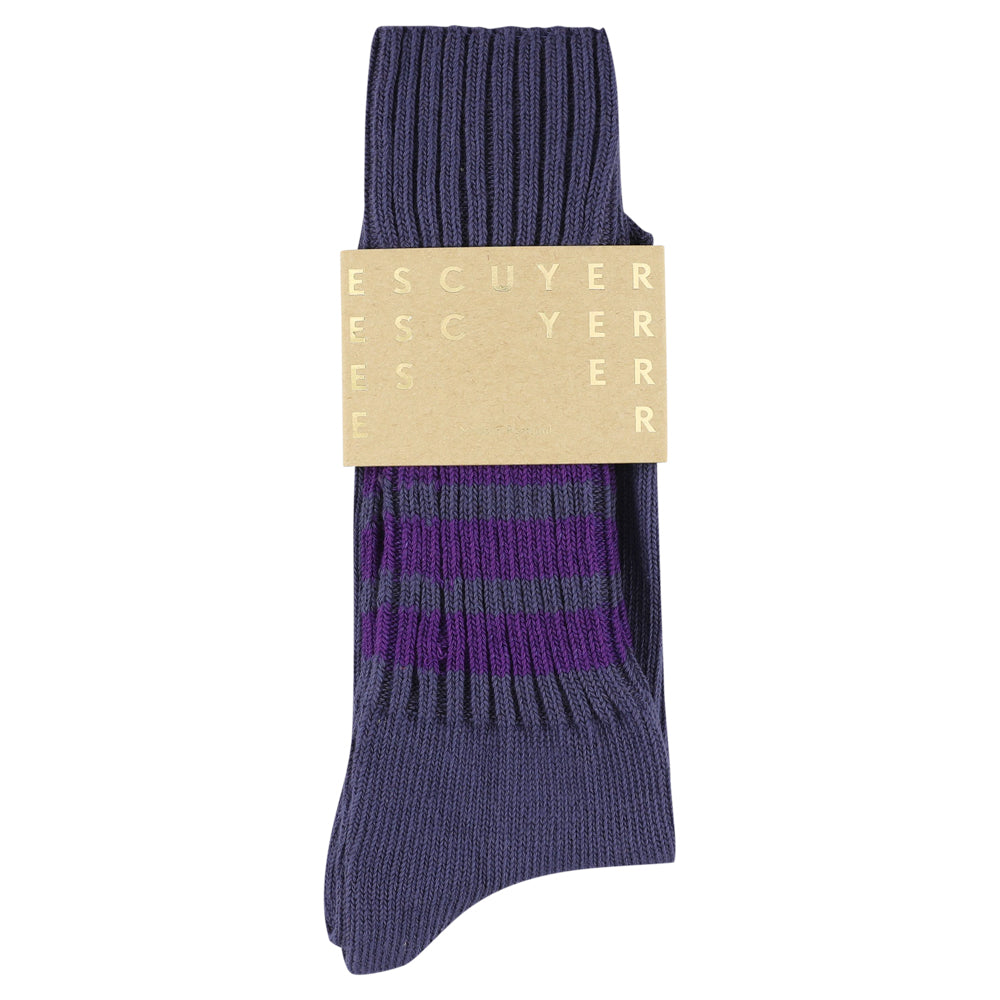 Men's striped crew socks in blue and purple, slub cotton, made in Portugal by Escuyer