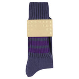 Men's striped crew socks in blue and purple, slub cotton, made in Portugal by Escuyer