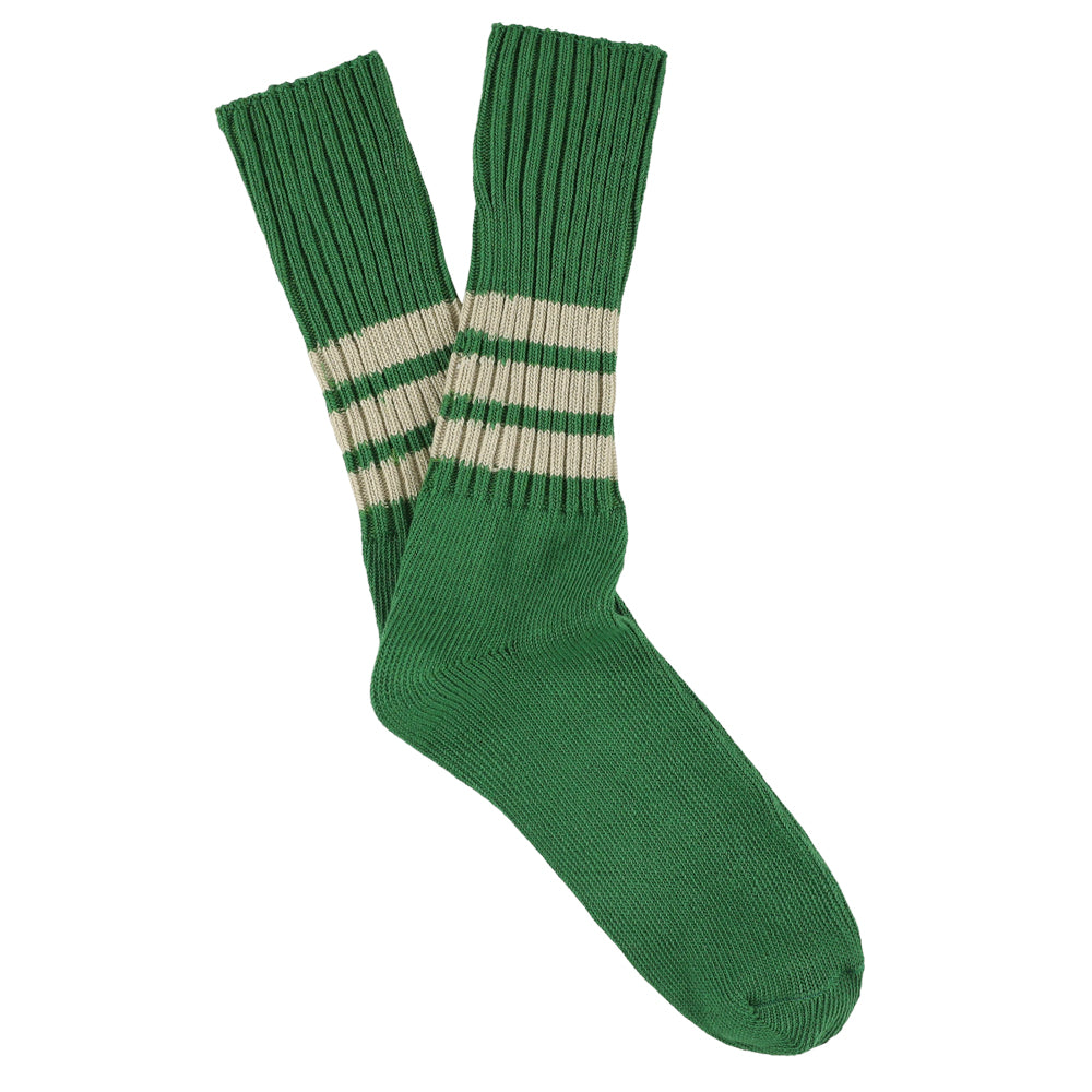 Men's striped crew socks in green and khaki, slub cotton, made in Portugal by Escuyer