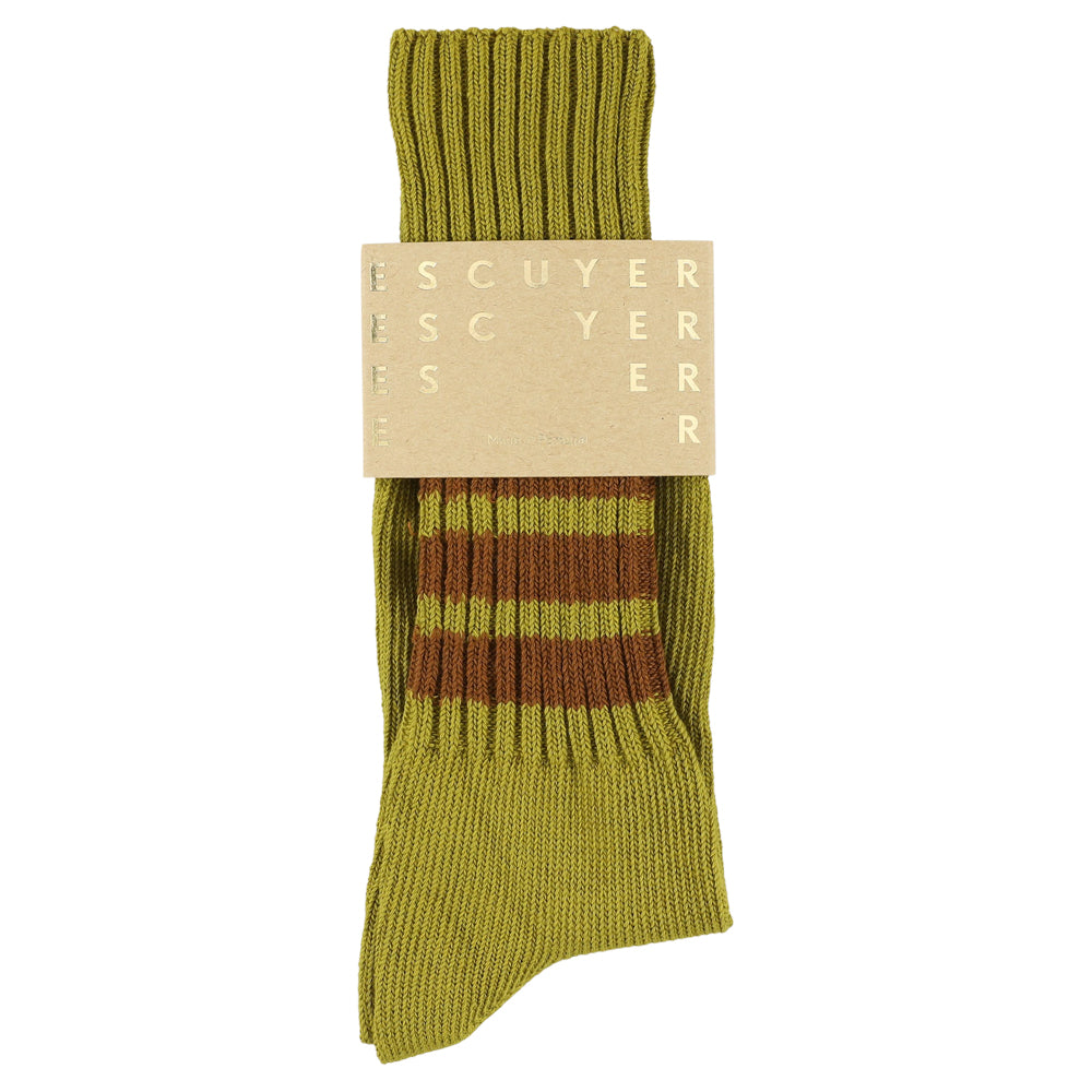 Men's striped crew socks in olive and brown, slub cotton, made in Portugal by Escuyer