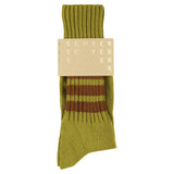 Men's striped crew socks in olive and brown, slub cotton, made in Portugal by Escuyer