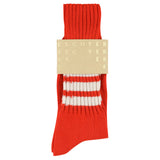 Men's striped crew socks in orange and ecru, slub cotton, made in Portugal by Escuyer