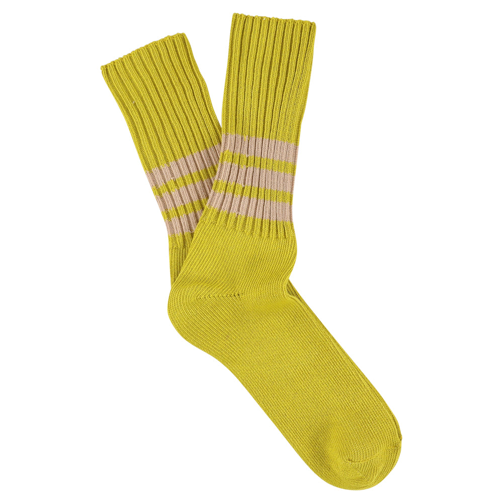 Men's striped crew socks in yellow and pink, slub cotton, made in Portugal by Escuyer