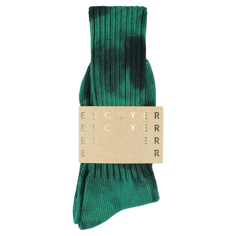 One-of-a-kind men's tie dye crew socks in black and green, hand-dyed, made in Portugal by Escuyer